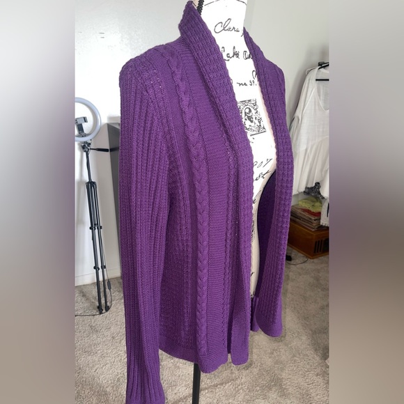 Purple Open-Front Cable Knit Women's Sweater Cardigan - Picture 2 of 8